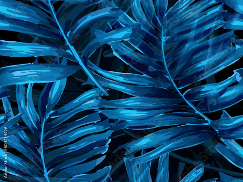 Africa Tropic Seamless Pattern. Swimwear & Shirt Botanical Flower Background. Large Aloha Rapport. Hawaiian Botany Texture Design. Watercolor Leaves of Monstera, Palm and Jungle. Navy Blue Black