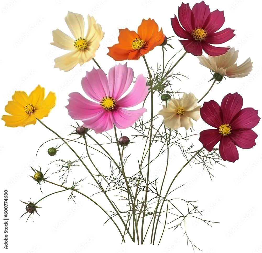 Cosmos flowers bouquet isolated on white background. Vector illustration.