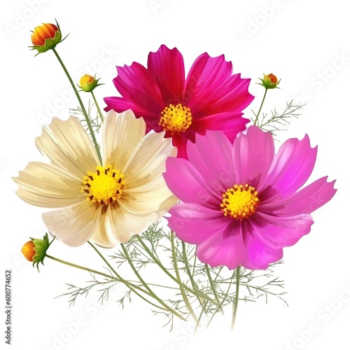 Cosmos flowers watercolor bouquet isolated on white background. 