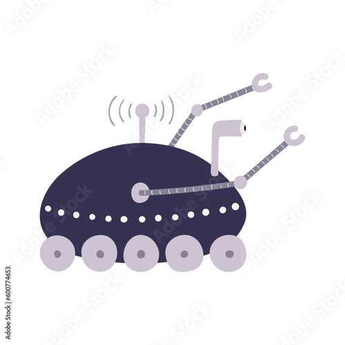 Planet rover, robot hand drawn cartoon illustration. Flat style design, isolated vector. Kids print element, space travel, technology, adventure, science fiction, cosmos, universe, galaxy