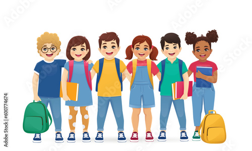Group of smiling school children boys and girls kids with backpacks hugging together isolated vector illustration 