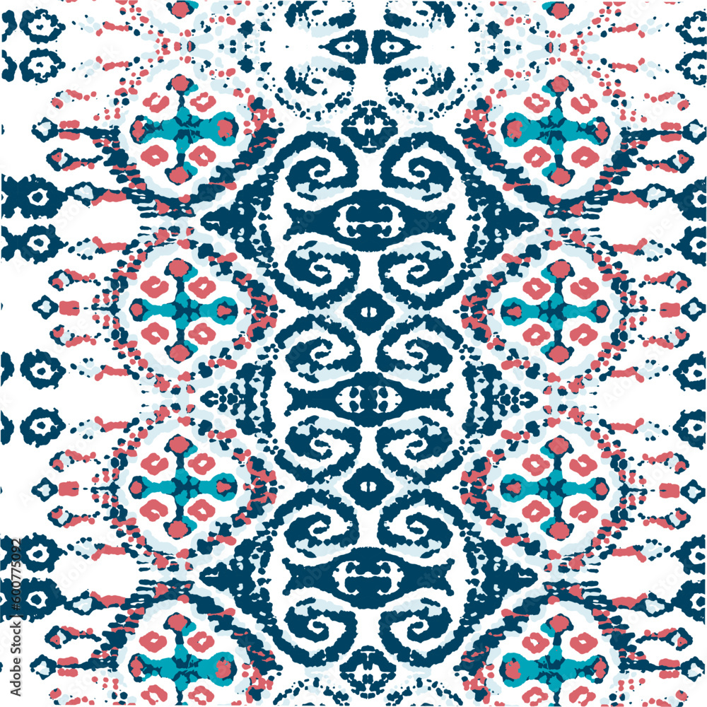 Ethnic Vector Pattern. Bohemian Peacock Print. Fashion Retro Art. Geometric Ikat Seamless Design. Abstract Modern Batik. Indigo Blue and Red Vintage Ornament. Rhombus Watercolor Background.