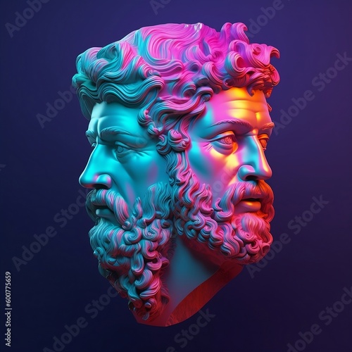 Janus, Roman god with two faces, each in profile facing away from the other. With AI photo