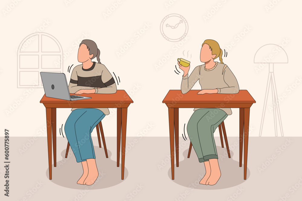 Girl working at home and taking a coffee break, lady activity characters cartoon ,Trendy one line draw design vector illustration