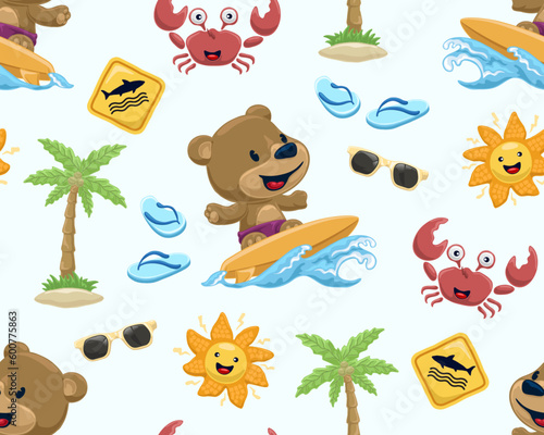 Seamless pattern vector of beach summer holiday elements with cute bear surfboarding