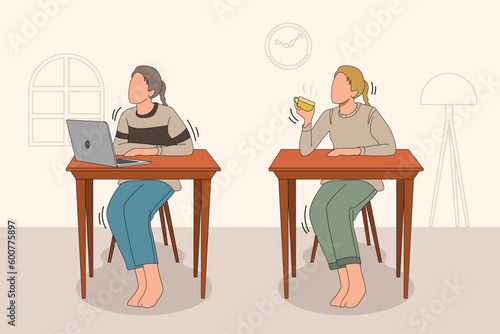 Girl working at home and taking a coffee break, lady activity characters cartoon ,Trendy one line draw design vector illustration