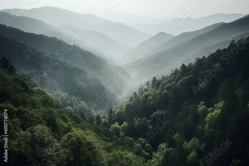 Scenic view of lush Smoky Mountains with dense forest. Generative AI © Selena