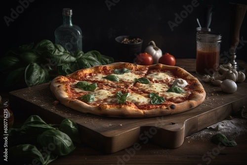 A classic pizza featuring tomato sauce, mozzarella cheese, and fresh basil. Generative AI