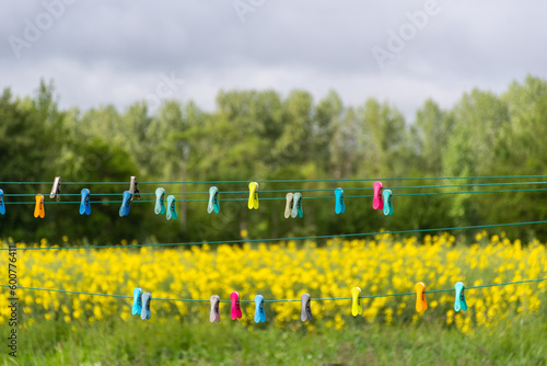 clothespins on a line in the countryside