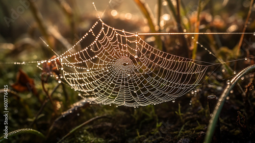 spider web with dew drops in the morning. Generative AI 