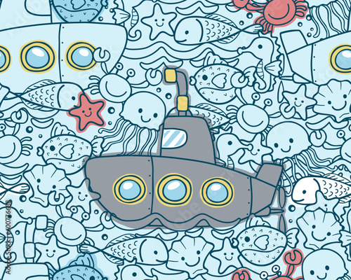 seamless pattern vector of cartoon submarine with marine animals