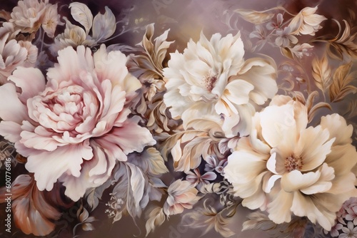 seamless background watercolor beige peony delicate leaf flower wallpaper design illustration. Generative AI.