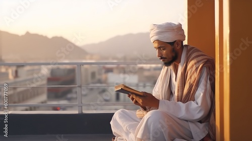 Muslim man sitting and holding Quran with view of Kaaba, Generative AI photo