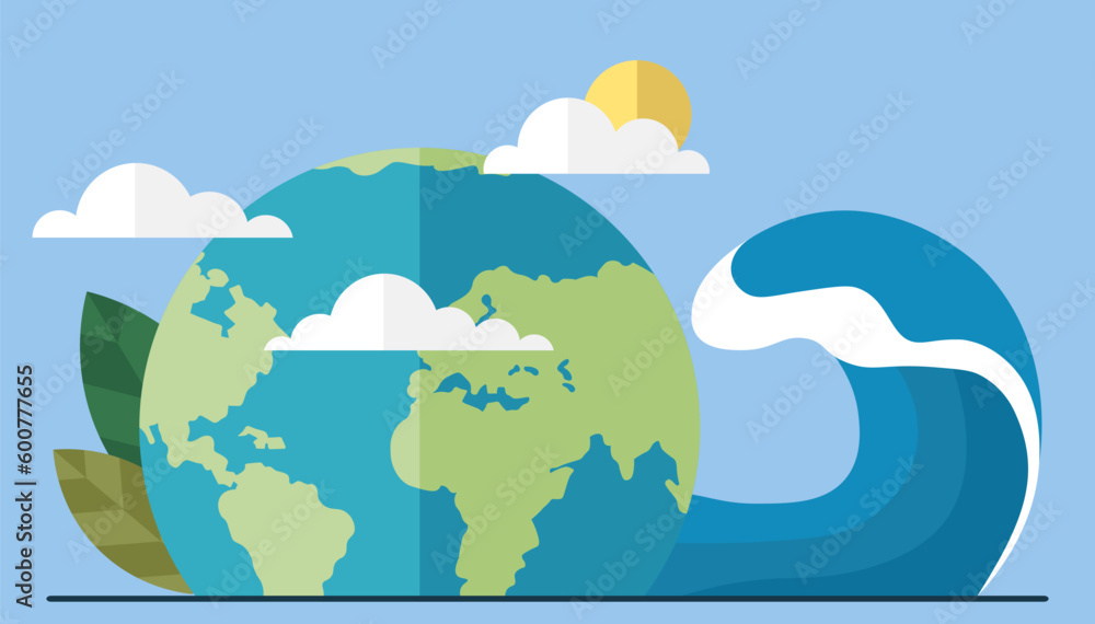 Naklejka premium Global warming, sea level rise, increase in temperature of planet, evaporation of worlds oceans. Ecological catastrophy, human impact on ecology. Saving Earth and environmental care, climate change