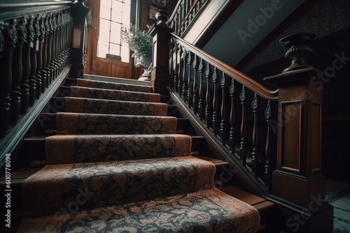 A stairway with a banister and carpet. Generative AI