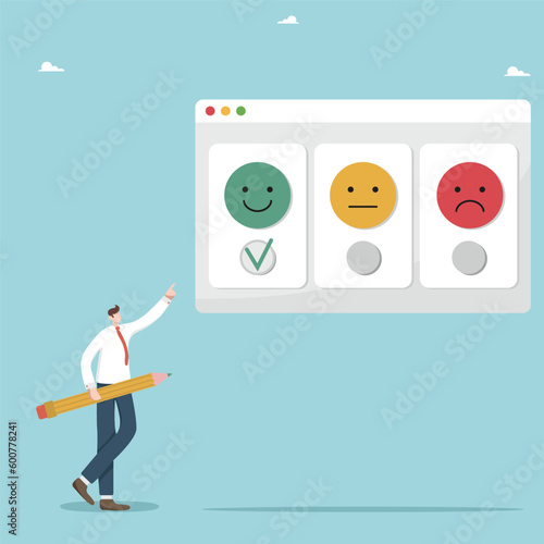 User experience, positive feedback about product quality and service, high rating from customers, evaluation rank, positive emotion or good mood selection, a man with a pencil gives the best rating.