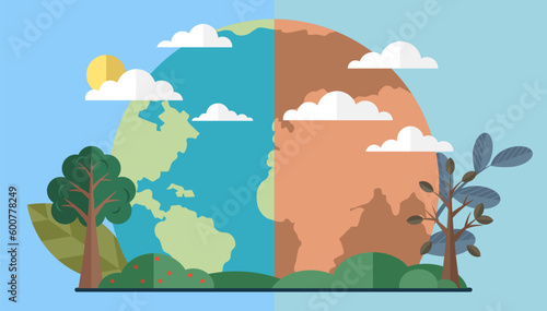 Change climate, problem of disappearing water sources, drought, ecological disaster on planet. Earth environmental trouble poster concept. Dried, hot and depleted planet, cracked ground withered trees