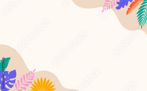 Summer background, abstract design with tropical leaves, colorful shapes