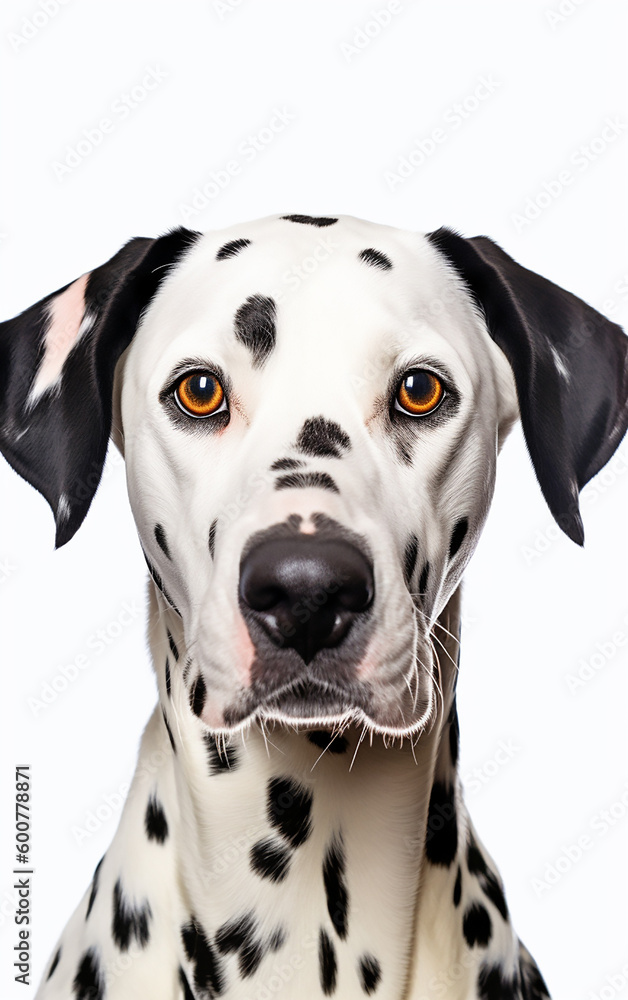 Close-up of a Dalmatian dog with expressive amber eyes, showcasing its distinctive spotted coat against a white backdrop.