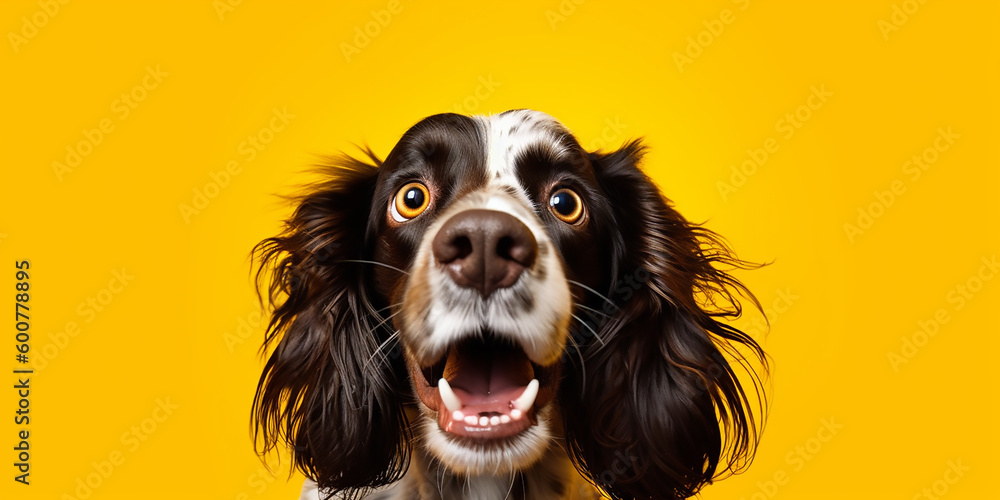Vibrant close-up of a spirited dog against a bold yellow backdrop, showcasing captivating amber eyes and playful demeanor.