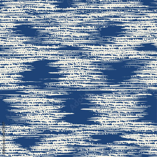 Ikat Tie Dye Seamless Pattern. Shibory Rhombus Minimalism Background. Ethnic Monochrome Embroidery Imitation. Indigo Blue and Beige Ink Geometric Art Print. Contemporary Watercolor Japan Design.