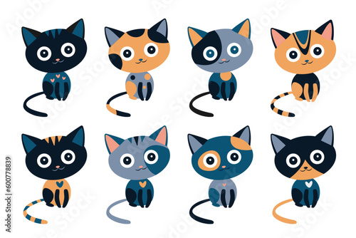 Set of various cartoon cute cats isolated on white background. Vector illustration.