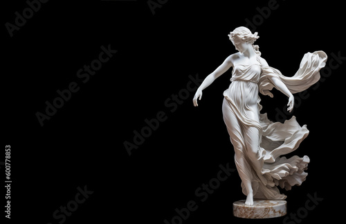 Stunning white marble statue of a graceful woman in motion, standing tall against a stark black background. Marble statue of a ballerina.