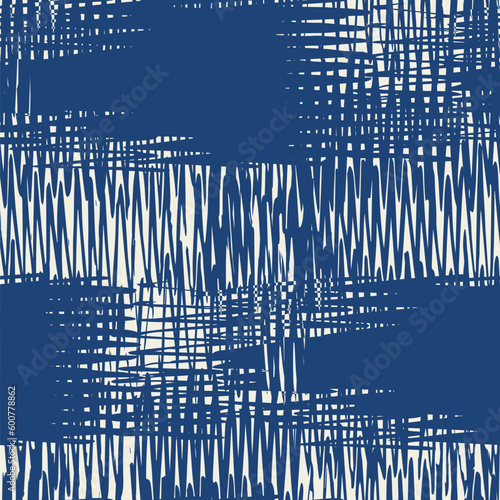 Macrame Check Tie Dye Seamless Pattern. Indigo Blue and Beige Geometric Monochrome Tartan Textile Imitation. Shibory Minimalism Background. Scottish Watercolor. Japan Design. Geometric Art Print.