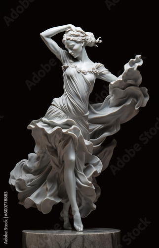 Elegant white marble sculpture capturing the graceful motion of a woman, set against a deep black backdrop.