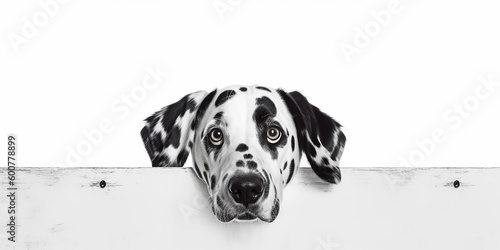 Intriguing close-up of a Dalmatian's face with vibrant spots, exuding intensity and character against a white backdrop. photo