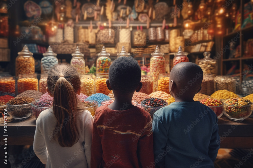 Three young children, of diverse ethnicity, stood in front of lots of jars and bowls filled with sweets.  Generative AI.