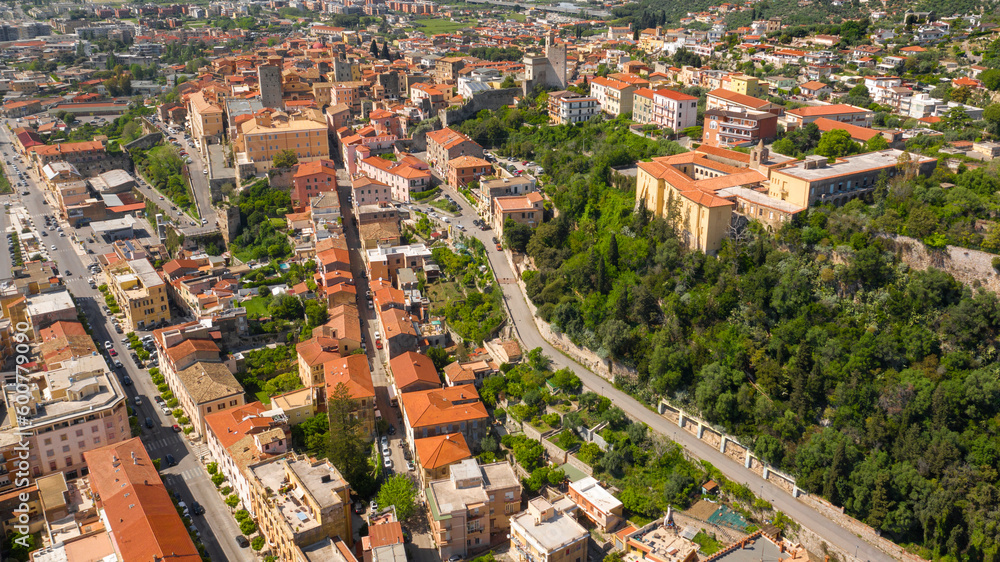 Aerial view of the historic center of Terracina, in the province of Latina, Italy. Here are the Roman theater and the Co-Cathedral of San Cesareo, the city's cathedral.