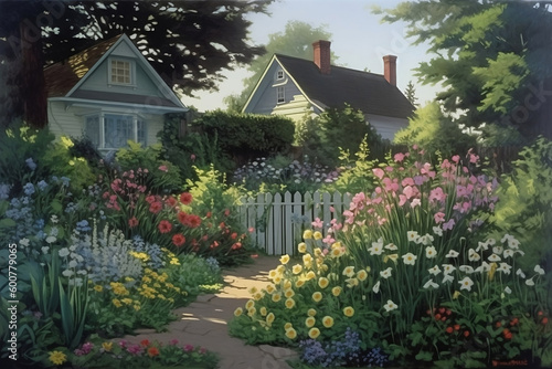 cottage house with flower garden