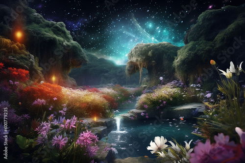fantasy garden with blooming flowers and pond
