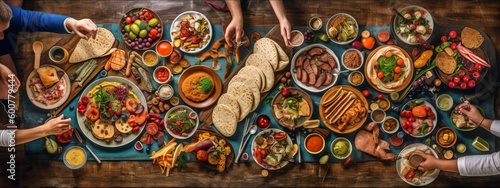 a group of people sitting at a large dinner table with plates of food on them, in the style of rustic texture, spontaneous gesture, high-angle, photo taken with provia