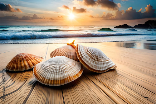  a pile of seashells, including scallops, sand dollars, and starfish, on a wooden table © Beste stock