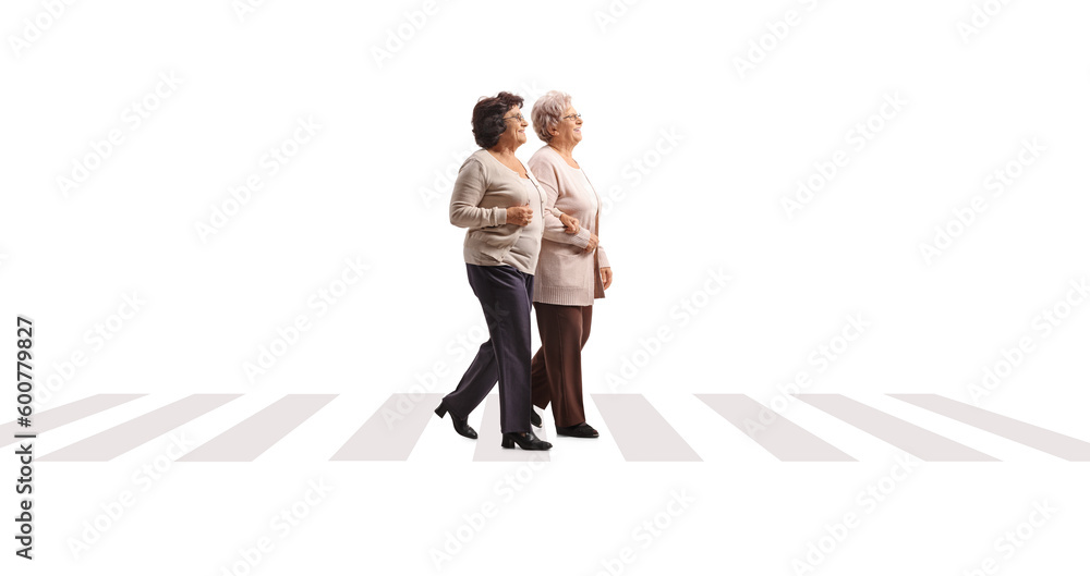 Full length profile shot of two elderly ladies walking at a pedestrian crossing Full length profile shot of two elderly ladies walking at a pedestrian crossing