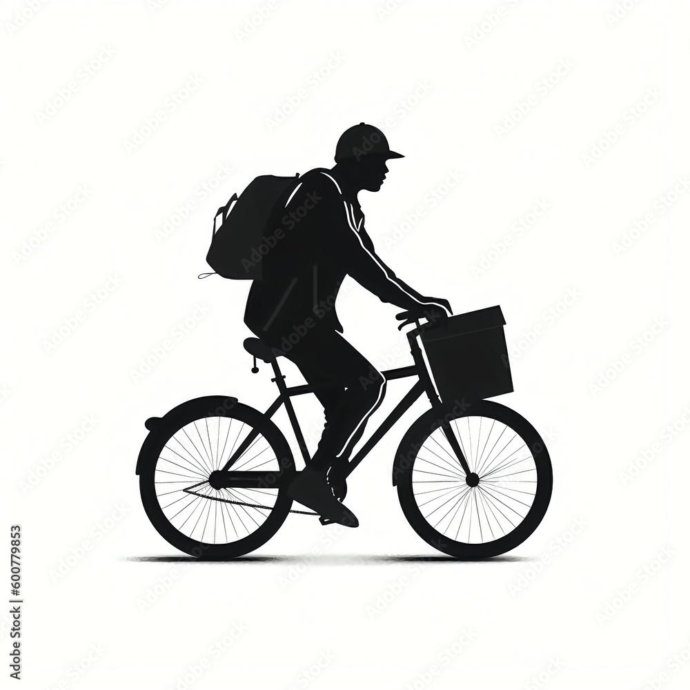 Fototapeta premium silhouette of delivery guy with cycle, isolated vector illustration on white background for logo, graphic design, advertising, and marketing. generative ai