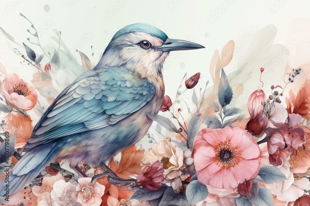 Lovely watercolor with birds and florals in pastels. Generative AI