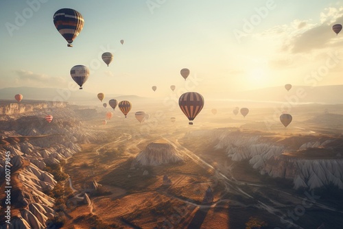 Air balloons soaring in the sky. Colorful and magnificent view. Generative AI