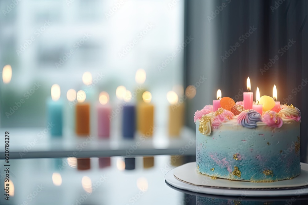 Happy Birthday Cake on Table at Home with Blurry Background and Copy Space for Celebration. Generative AI illustrations. Happy Birthday Cake on Table at Home with Blurry Background and Copy Space for Celebration. Generative AI illustrations.