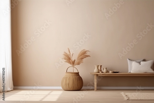 Neutral beige wall copy space. Monochrome empty room with minimalist vase and boho decor. Wall scene mockup product. Promotion background. Generative AI.