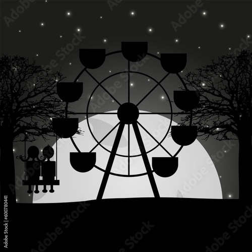 Ferris Wheel at night. Big Wheel and Couple in love at nighty landscape. Romantic vector illustration.