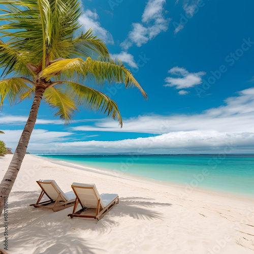 Beautiful tropical beach with white sand and two sun loungers chairs partly cloudy sky blue trees palm © Jacob