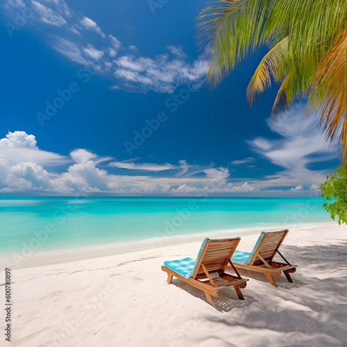 Beautiful tropical beach with white sand and two sun loungers chairs partly cloudy sky blue trees palm © Jacob
