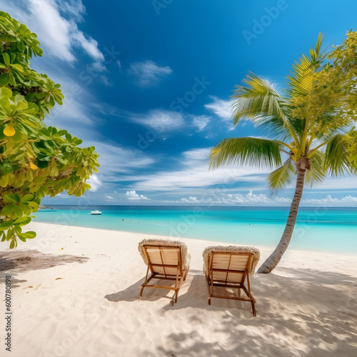 Beautiful tropical beach with white sand and two sun loungers chairs partly cloudy sky blue trees palm © Jacob