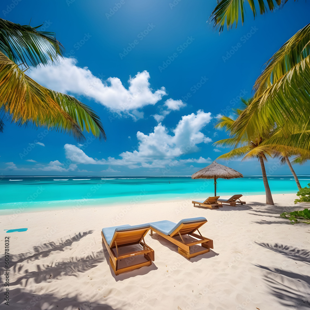 Beautiful tropical beach with white sand and two sun loungers chairs partly cloudy sky blue trees palm