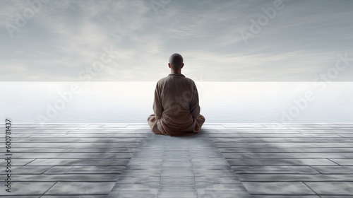 A back view of a solitary individual sitting in the lotus pose in a serene, abstract environment of tranquility. Calm water below and expansive sky above. Inspiring deep introspection. Generative AI