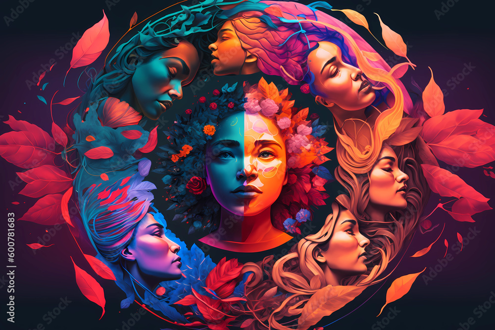 Fototapeta premium The concept of female power. Asian woman in a circle. Magical, surreal colorful digital illustration. Generative AI image.