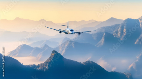 Airplane in sky background. Illustration AI Generative.